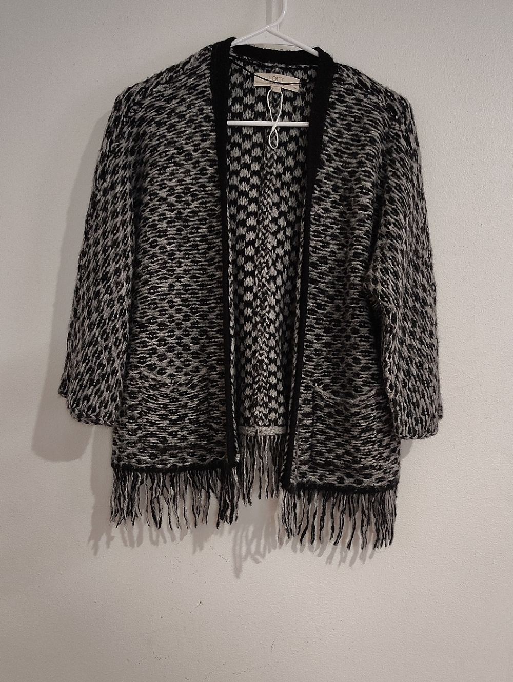 LOFT Black & White Fringe Open-Front Knit Cardigan